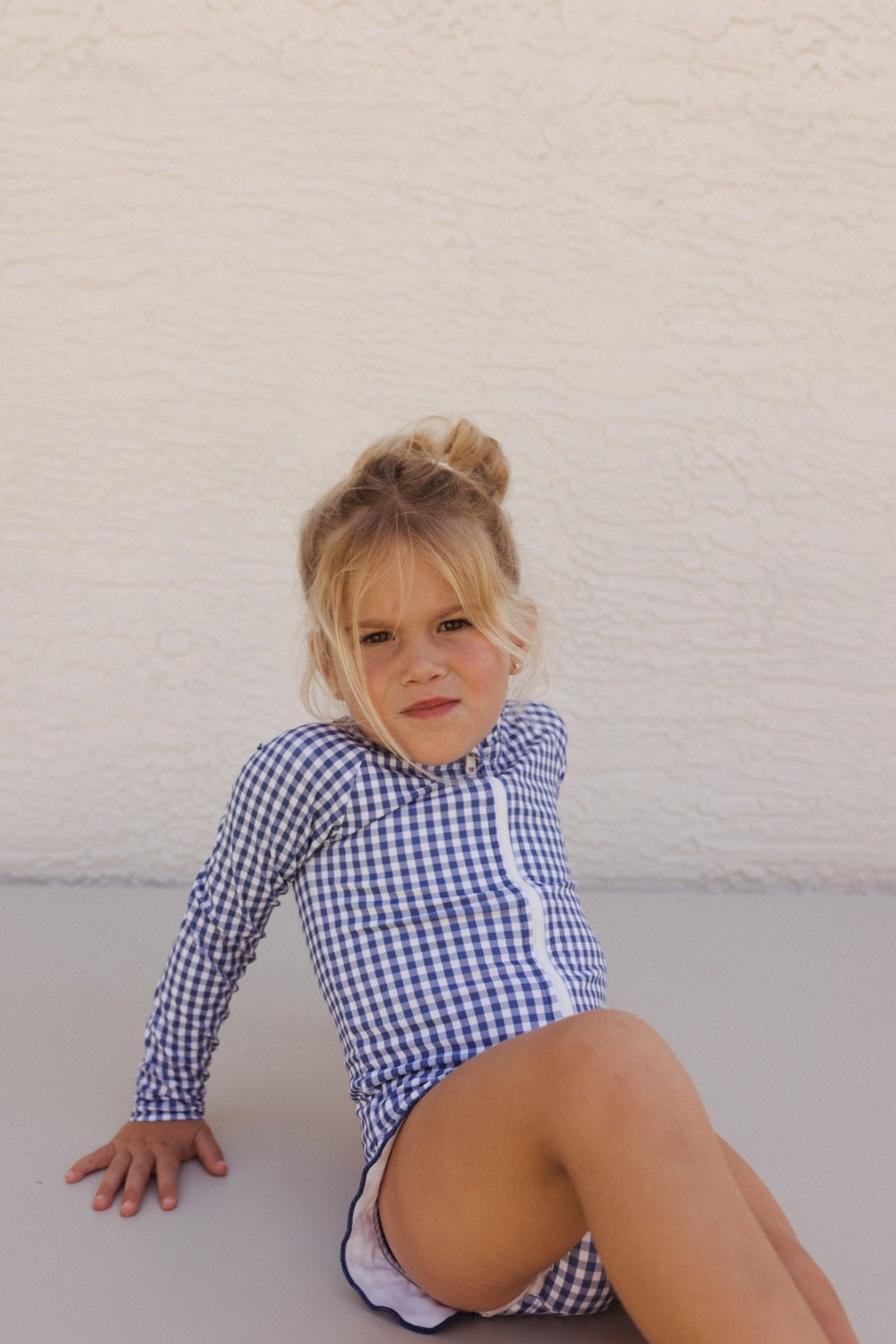 Longsleeve Ruffle Swim SPF One Piece - Navy Gingham - shopatlasgrey