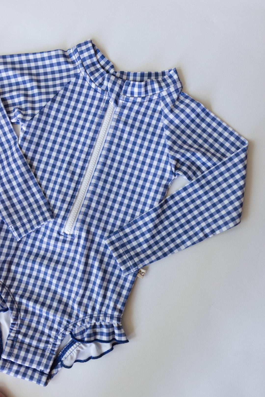 Longsleeve Ruffle Swim SPF One Piece - Navy Gingham - shopatlasgrey