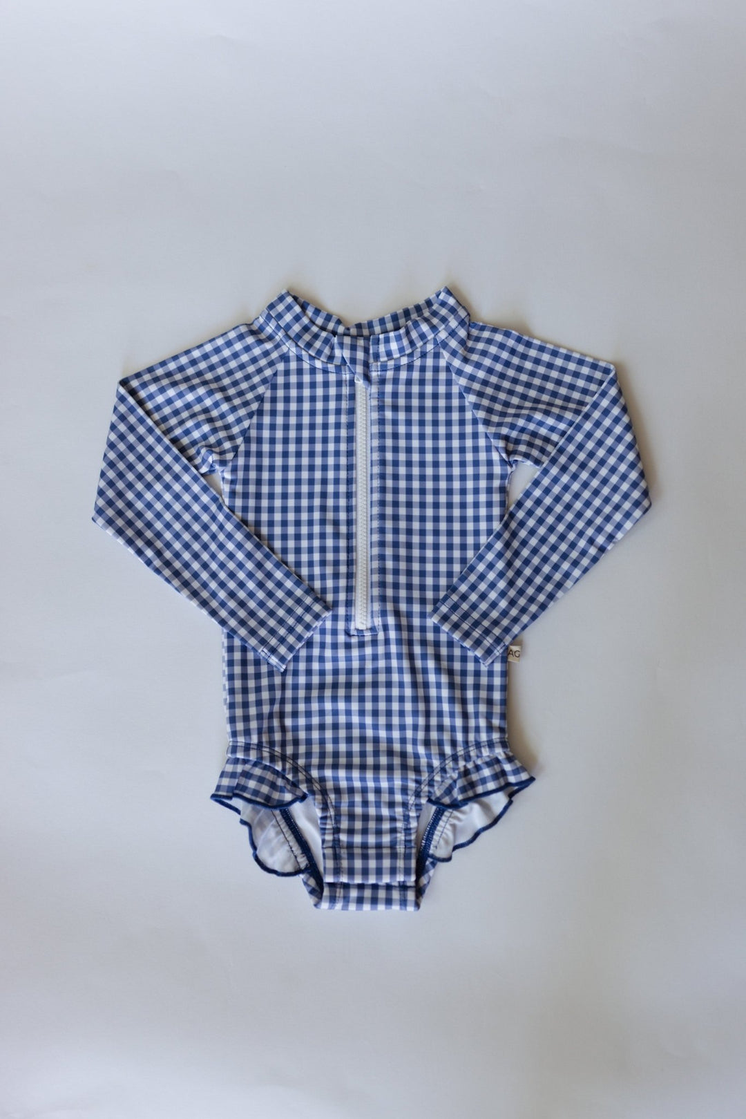 Longsleeve Ruffle Swim SPF One Piece - Navy Gingham - shopatlasgrey
