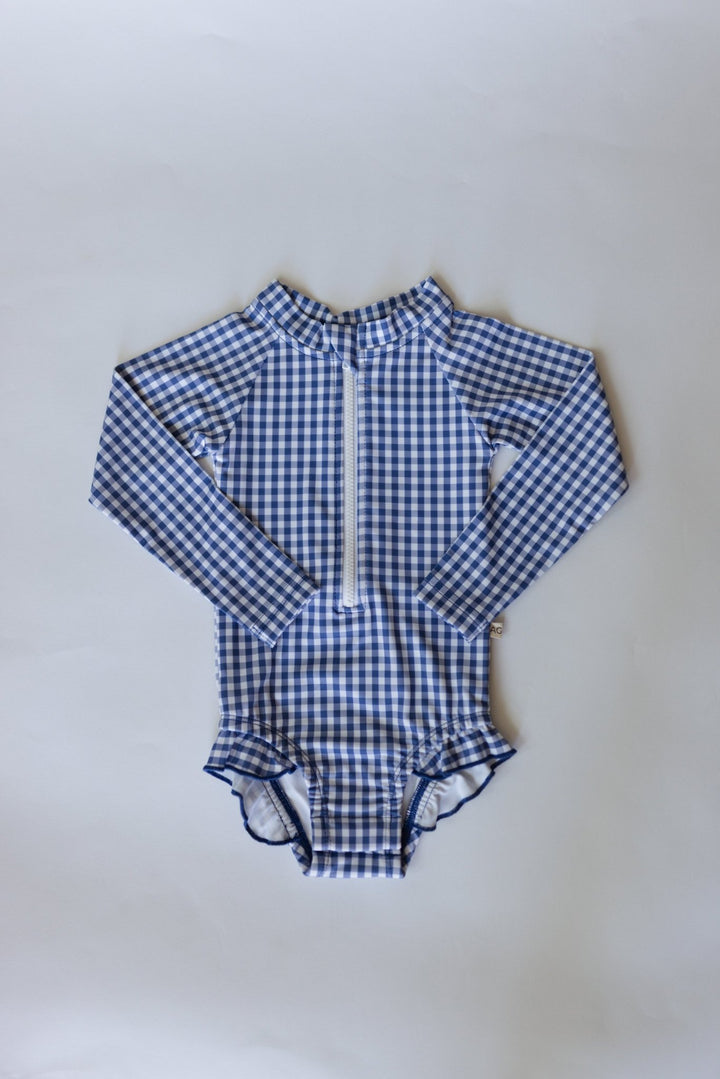 Longsleeve Ruffle Swim SPF One Piece - Navy Gingham - shopatlasgrey
