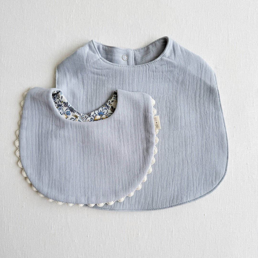 Muslin Cotton Reversable Baby Bib (Blue/Flowers) - shopatlasgrey