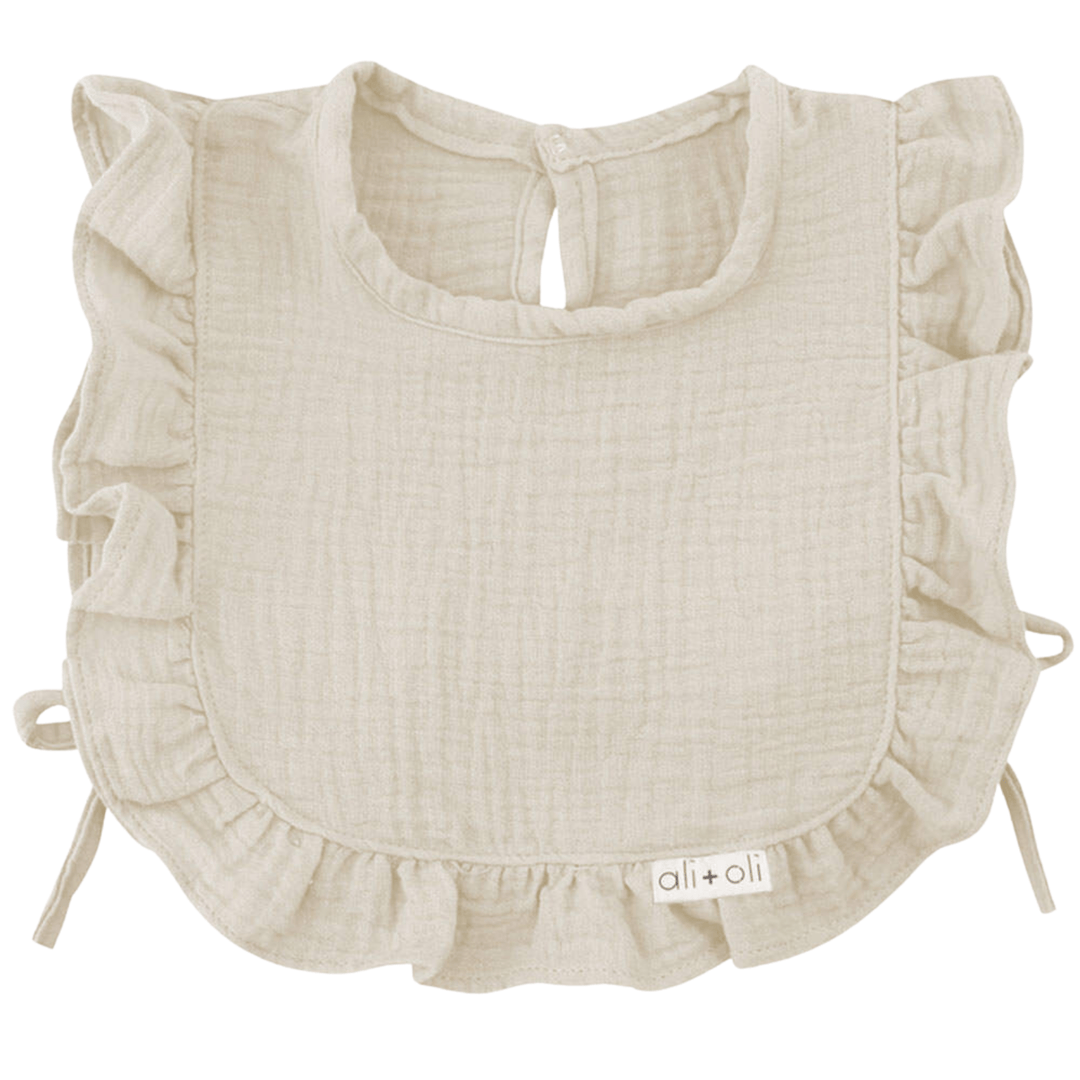 Muslin Cotton Ruffle Baby Bib (Sand) - shopatlasgrey