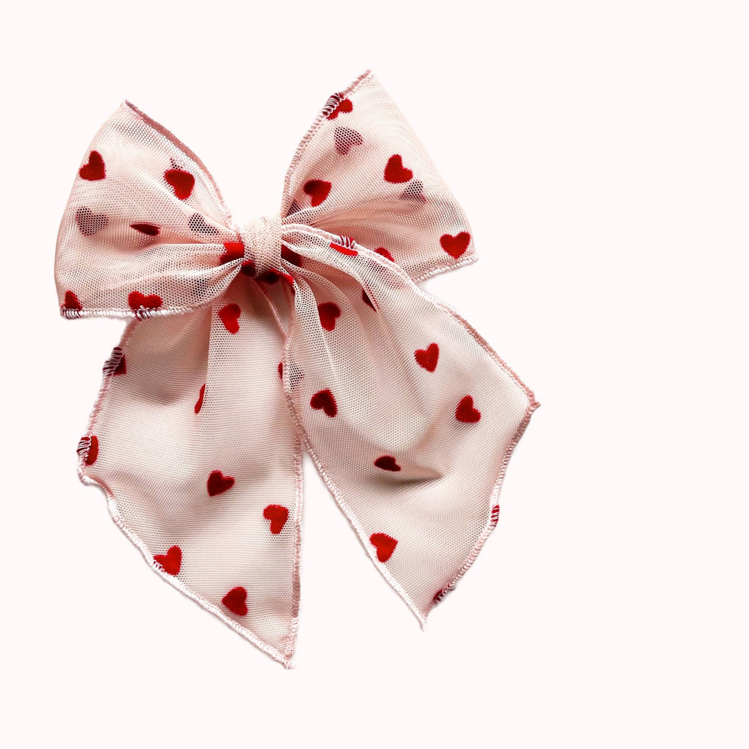 Pink Sheer Flocked Heart Elle Bow - shopatlasgrey
